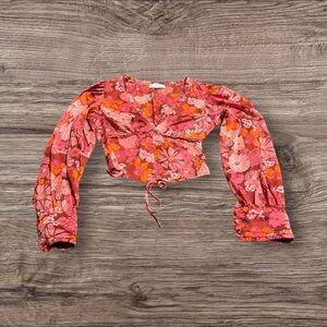 WAYF Floral Print Plunge Neck Smocked Long Sleeve Blouse Berry Boho Size XS